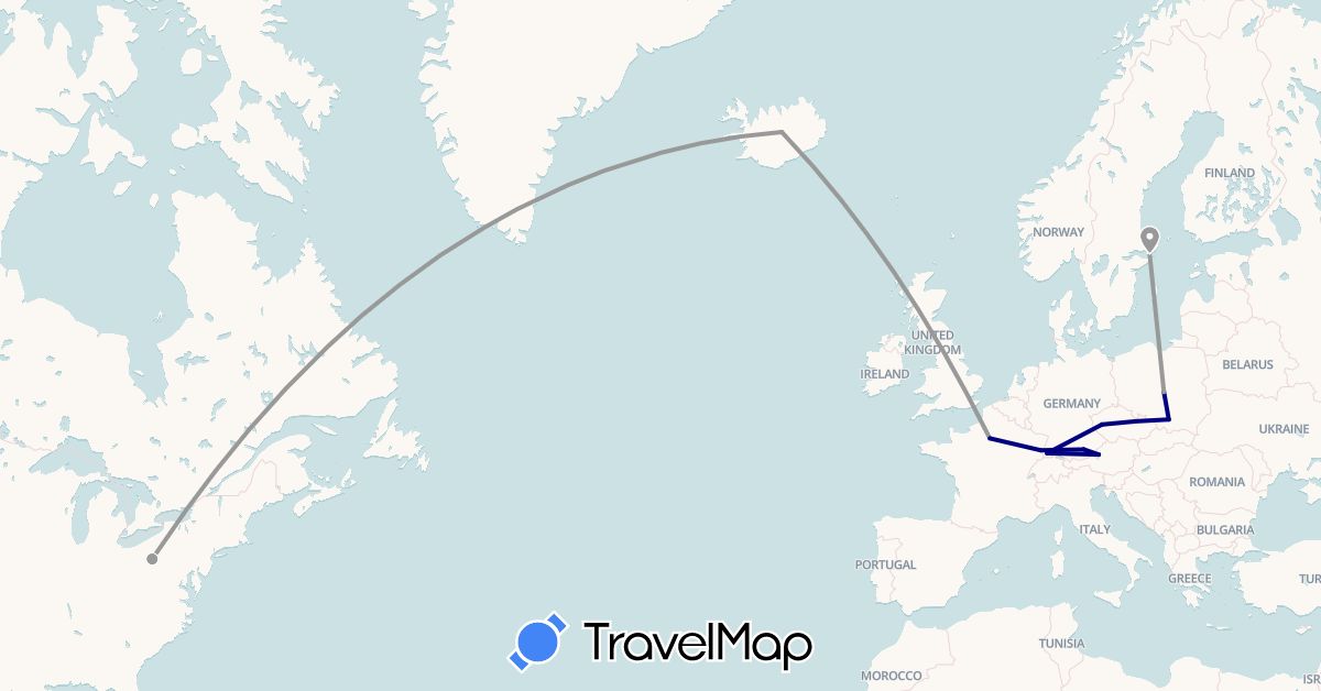 TravelMap itinerary: driving, plane in Austria, Czech Republic, Germany, France, Iceland, Poland, Sweden, United States (Europe, North America)